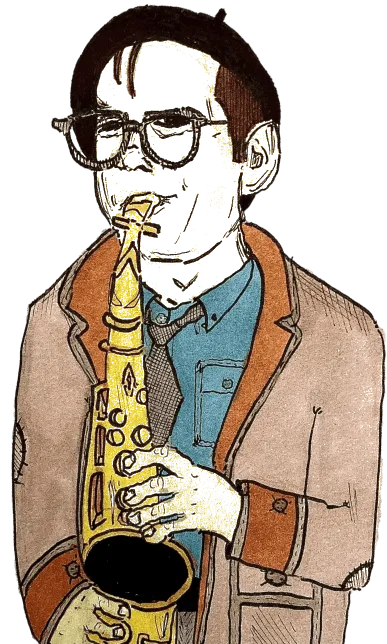 Ink and watercolour caricature of Aaron Johnson playing alto saxophone.